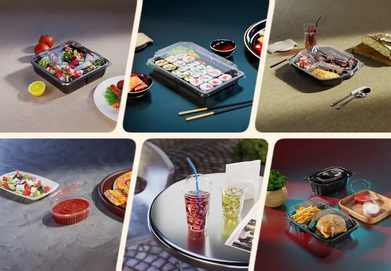 Dipack kaplarında salata, sushi, kebap, sos, soğuk içecek ve hamburger servisi