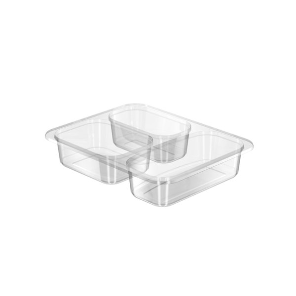 Şeffaf üç bölmeli dikdörtgen yemek kabı, 227×178 mm